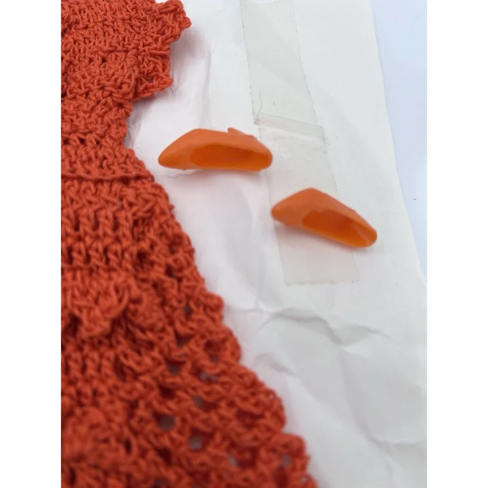 Vtg New Handmade Crocheted Orange Dress, Barbie Size With Hat, Purse, Shoes